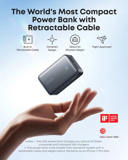 Anker Nano Power Bank (10K, 45W, Built-In Retractable USB-C Cable)