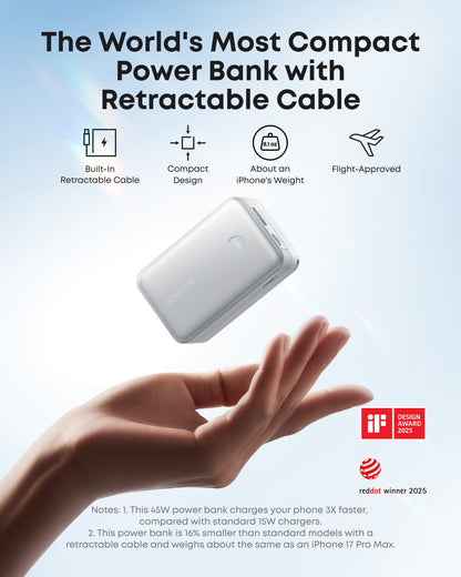 Anker Nano Power Bank (10K, 45W, Built-In Retractable USB-C Cable)