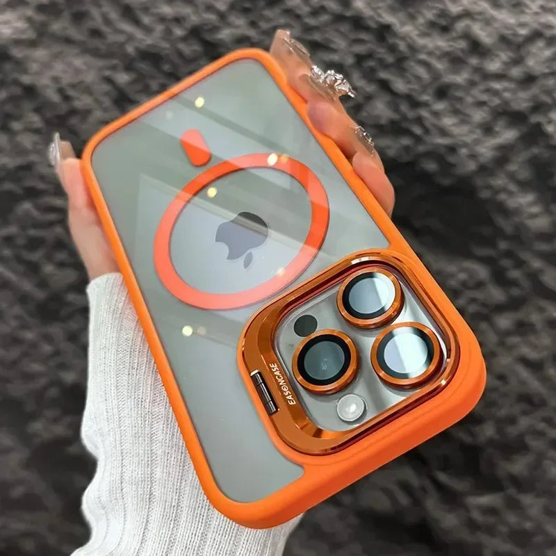 Luxury Magnetic Shockproof Phone Case For iPhone 16 17 15 14 13 12 11 Pro Max Funda For Magsafe Stand Glass Lens Protector Cover