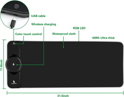 RGB Gaming Mouse Pad with 15W Wireless Charging, Extended Desk Mat 31.5 x 11.8 Inch, LED Mouse Pad with 10 Lighting Modes, Non-Slip Base for Keyboard, Mouse